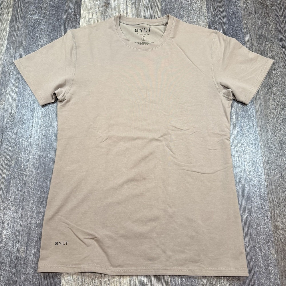 BYLT Basics Lux Basic Crew T-Shirt Mens Small Beige Stretch Performance‎ Tee